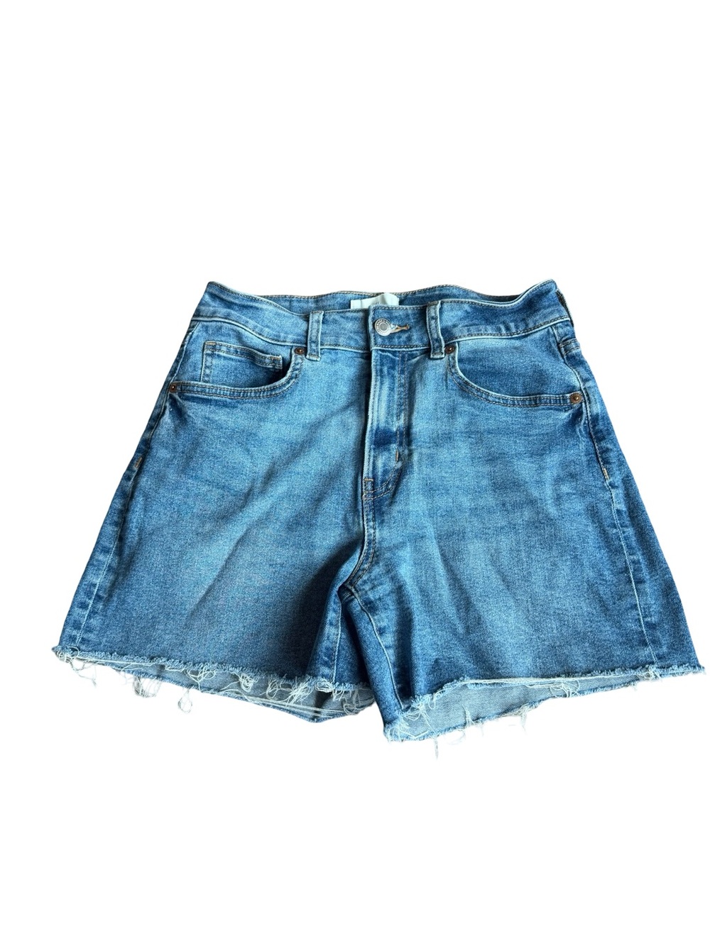 H&M High-Rise Denim Cutoff Shorts Distressed Raw Hem Medium Wash Jean Size 6